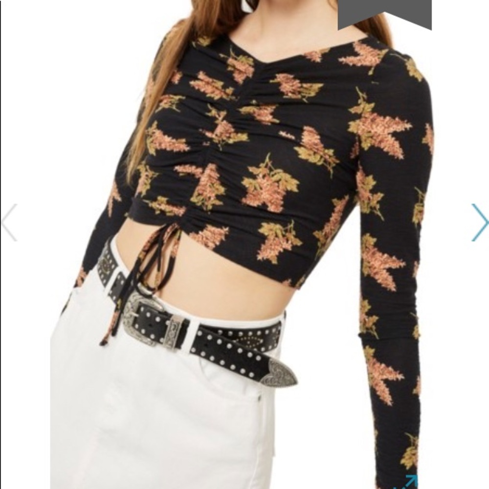Topshop 90s Floral Ruched Floral LS Crop Top